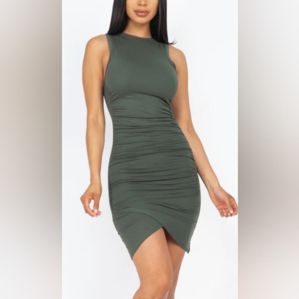 Capella Shirred Bodycon Mini Dress Olive Green NWT